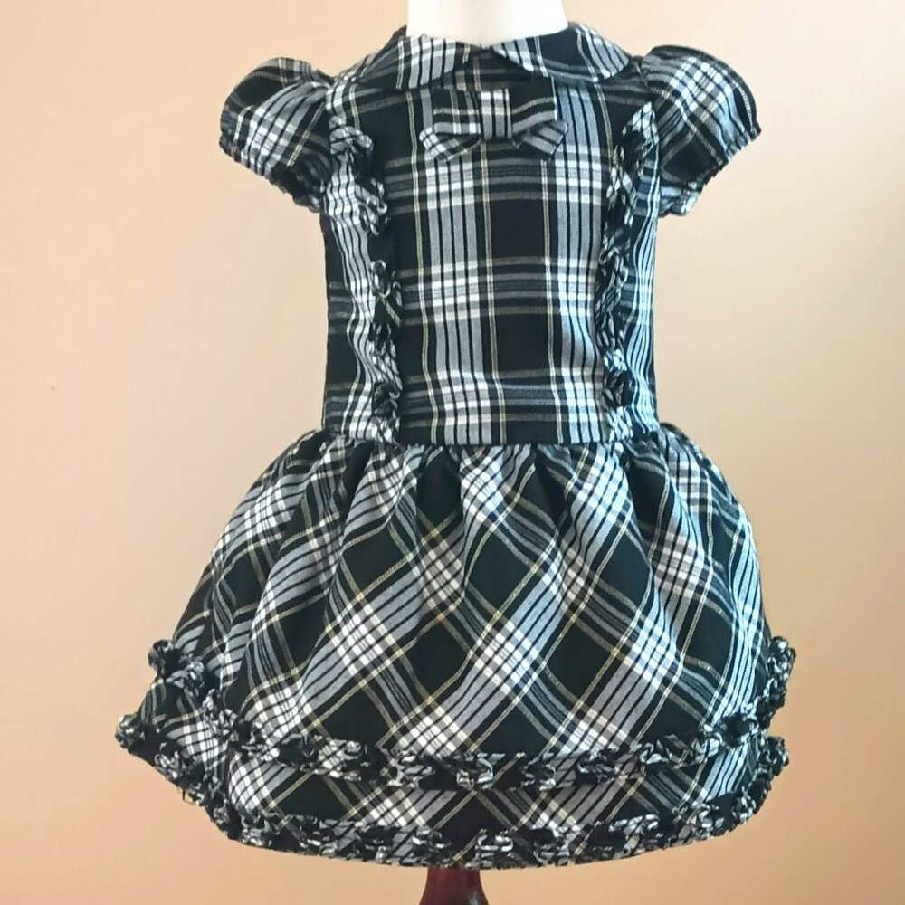 Girls Plaid Ruffle Party Dress 24M Black White Layered Ruffle Short Puff Sleeves